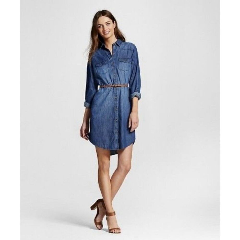 Merona Denim Shirt Dress S/P Button Front Long Sleeve 100% Cotton Pockets